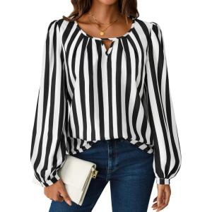 imageAvanova Women Striped Blouse Keyhole Tops Long Sleeves Work Business Casual ShirtBlack White