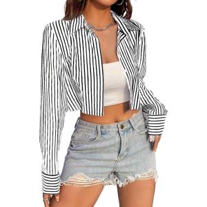 imageAvanova Women Striped Button Down Crop Top Collared Neck Long Sleeve Blouses ShirtBlack