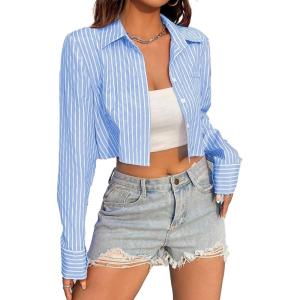 imageAvanova Women Striped Button Down Crop Top Collared Neck Long Sleeve Blouses ShirtBlue