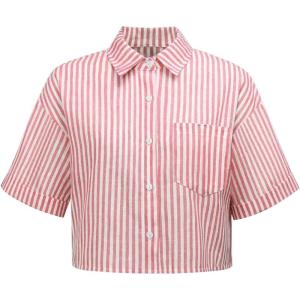 imageAvanova Women Striped Button Down Short Sleeve Shirts Cropped Blouse Loose Business Work TopsRed