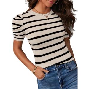 imageAvanova Women Striped Puff Short Sleeve Tops Ribbed Knit Summer Casual Shirts BlouseBeige Black
