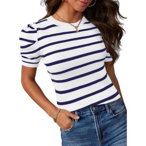 imageAvanova Women Striped Puff Short Sleeve Tops Ribbed Knit Summer Casual Shirts BlouseWhite Blue