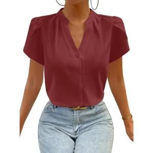 imageAvanova Women V Neck Short Sleeve Blouse Petal Tulip Sleeve Top Business Casual ShirtBurgundy