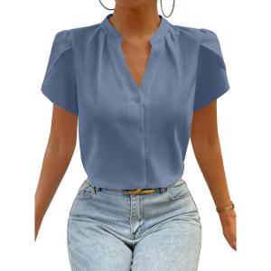 imageAvanova Women V Neck Short Sleeve Blouse Petal Tulip Sleeve Top Business Casual ShirtDusty Blue