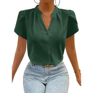 imageAvanova Women V Neck Short Sleeve Blouse Petal Tulip Sleeve Top Business Casual ShirtGreen