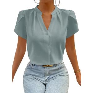 imageAvanova Women V Neck Short Sleeve Blouse Petal Tulip Sleeve Top Business Casual ShirtLight Blue