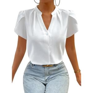 imageAvanova Women V Neck Short Sleeve Blouse Petal Tulip Sleeve Top Business Casual ShirtWhite