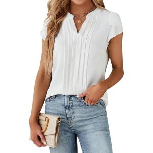 imageAvanova Women V Neck Tulip Petal Sleeve Pleated Top Short Sleeve Shirt Work Business Blouses White Medium