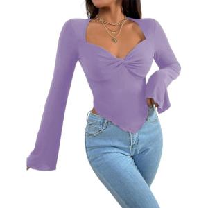 imageAvanova Womens Long Sleeve Square Neck Crop Top Twist Front Asymmetrical ShirtPurple