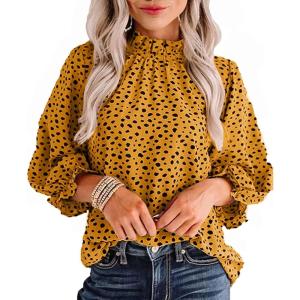 imageAvanova Womens Mock Neck Elegant Work Leopard Printed Ruffle Hem 34 Sleeve Blouses TopLeopard Yellow