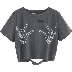 imageAvanova Women Skull Finger Graphic Distressed Tee Shirt Ripped Short Sleeve Crop TopsSkull Grey