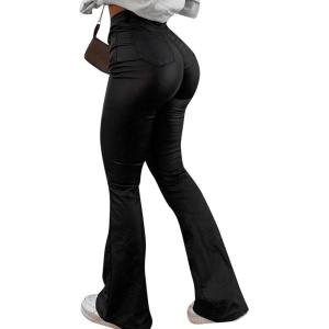 imageAvanova Women Faux Leather Butt Lifting Leggings Flare High Waist Sexy Bell Bottom PantsBlack