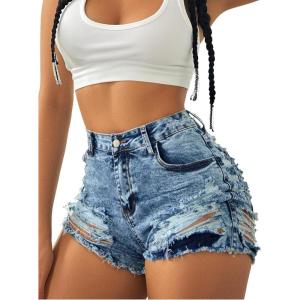 imageAvanova Women Jean Denim Sexy Mini Shorts Ripped Distressed Cut Off Stretchy Raw Hem Hot Pants ShortsBlue Multi