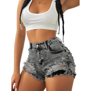 imageAvanova Women Jean Denim Sexy Mini Shorts Ripped Distressed Cut Off Stretchy Raw Hem Hot Pants ShortsGrey Multi