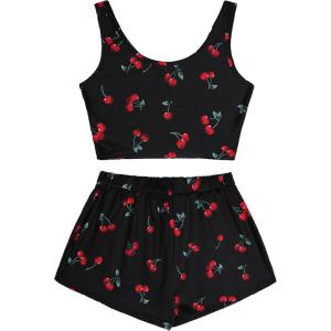imageAvanova Women Cherry Print Tank Top Pajama Sets 2 Pieces Sleepwear LoungewearBlack a