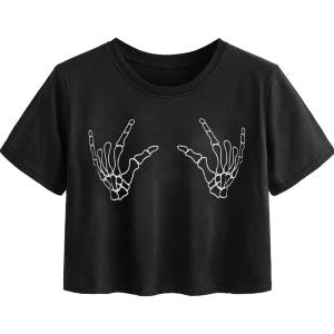 imageAvanova Women Graphic Oversized Ripped Boxy Tee Shirt Distressed Short Sleeve Crop TopSkull Black