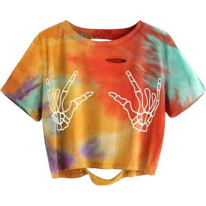 imageAvanova Women Skull Finger Graphic Distressed Tee Shirt Ripped Short Sleeve Crop TopsMuti C