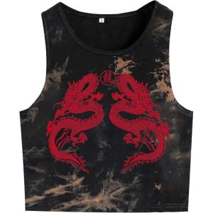 imageAvanova Womens Dragon Graphic Print Round Neck Sleeveless Crop Top Tank ShirtsTie Dye Brown