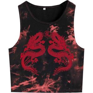 imageAvanova Womens Dragon Graphic Print Round Neck Sleeveless Crop Top Tank ShirtsTie Dye Red F