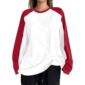imageAvanova Women Star Graphic Raglan Long Sleeve Tee Shirt Color Block Loose TopRed