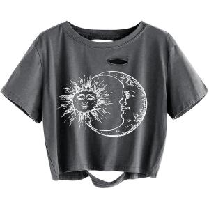 imageAvanova Women Sun Moon Graphic Distressed Crop Top Oversized Short Sleeve Ripped Tee ShirtDark Grey