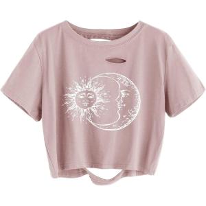 imageAvanova Women Sun Moon Graphic Distressed Crop Top Oversized Short Sleeve Ripped Tee ShirtMoon Pink