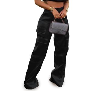 imageTapata Womens Satin Cargo Pants 28531 Inseam High Waisted Wide Leg Casual Straight Club Trousers PetiteRegularBlack