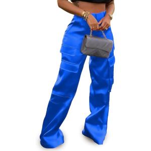 imageTapata Womens Satin Cargo Pants 28531 Inseam High Waisted Wide Leg Casual Straight Club Trousers PetiteRegularBlue