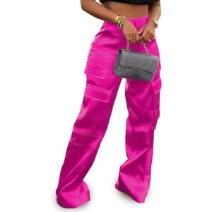 imageTapata Womens Satin Cargo Pants 28531 Inseam High Waisted Wide Leg Casual Straight Club Trousers PetiteRegularHot Pink