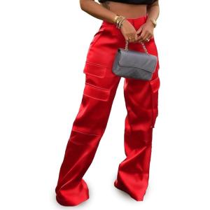imageTapata Womens Satin Cargo Pants 28531 Inseam High Waisted Wide Leg Casual Straight Club Trousers PetiteRegularRed