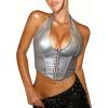 imageAvanova Women Leather Halter Corset Bustier Tops Sexy Going Out Crop Tank TopsSilver