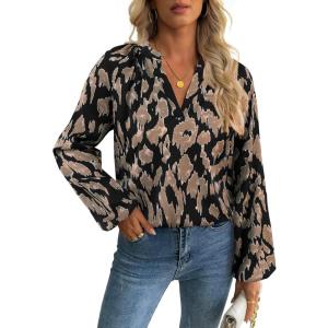 imageAvanova Women Boho Floral Blouses V Neck Top Lantern Long Sleeve ShirtAllover Black