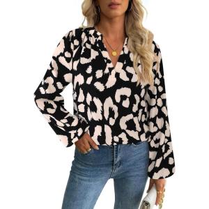 imageAvanova Women Boho Floral Blouses V Neck Top Lantern Long Sleeve ShirtBlack Beige
