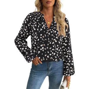 imageAvanova Women Boho Floral Blouses V Neck Top Lantern Long Sleeve ShirtBlack Dots