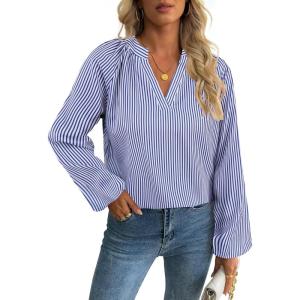 imageAvanova Women Boho Floral Blouses V Neck Top Lantern Long Sleeve ShirtStriped Blue