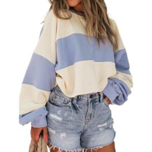 imageAvanova Women Color Block Striped Cropped Sweatshirt Oversized Crewneck PulloverBeige Blue