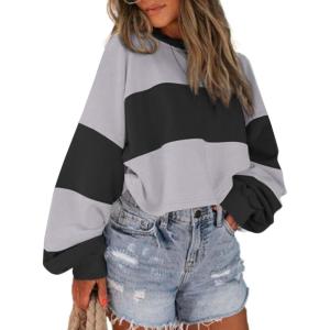 imageAvanova Women Color Block Striped Cropped Sweatshirt Oversized Crewneck PulloverBlack Grey