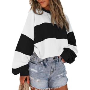 imageAvanova Women Color Block Striped Cropped Sweatshirt Oversized Crewneck PulloverBlack White