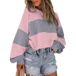 imageAvanova Women Color Block Striped Cropped Sweatshirt Oversized Crewneck PulloverGrey Pink