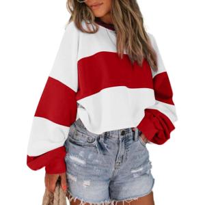 imageAvanova Women Color Block Striped Cropped Sweatshirt Oversized Crewneck PulloverRed White