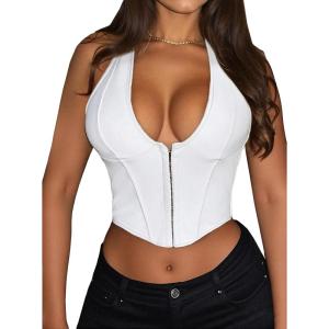 imageAvanova Women Leather Halter Corset Bustier Tops Sexy Going Out Crop Tank TopsWhite