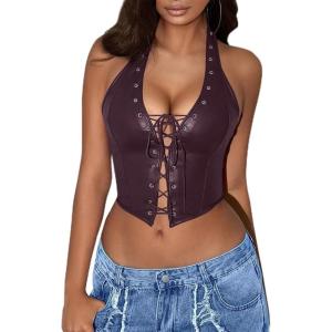 imageAvanova Women Leather Halter Top Tank Lace Up Corset Bustier Going Out Sexy Crop TopPurple