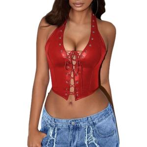 imageAvanova Women Leather Halter Top Tank Lace Up Corset Bustier Going Out Sexy Crop TopRed