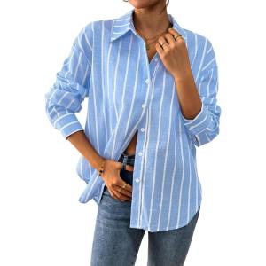 imageAvanova Women Pattern Print Button Down Blouse Top Long Sleeve Work Business ShirtBlue