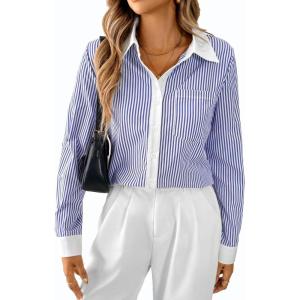 imageAvanova Women Pattern Print Button Down Blouse Top Long Sleeve Work Business ShirtStriped Blue