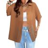imageAvanova Women See Through Mesh Button Down Top Half Short Sleeve Collared Shirt Blouse Brown Large
