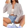 imageAvanova Women Striped Button Down Crop Top Collared Neck Long Sleeve Blouses ShirtBrown