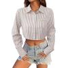 imageAvanova Women Striped Button Down Crop Top Collared Neck Long Sleeve Blouses ShirtBrown