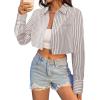 imageAvanova Women Striped Button Down Crop Top Collared Neck Long Sleeve Blouses ShirtBrown