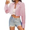 imageAvanova Women Striped Button Down Crop Top Collared Neck Long Sleeve Blouses ShirtDark Pink